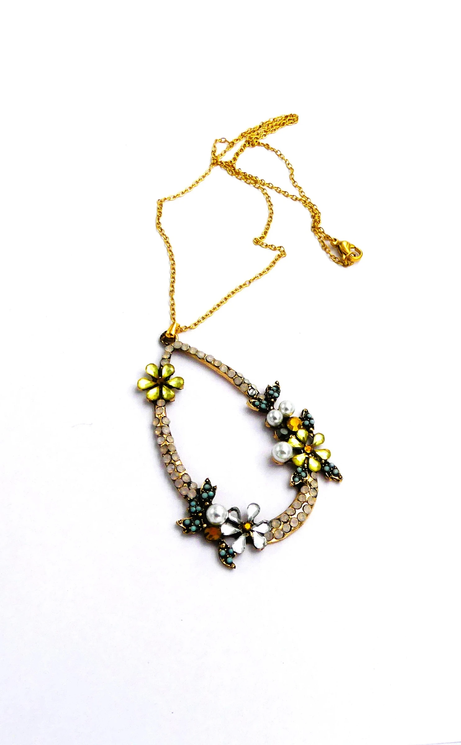 Collar de cadena de acero inoxidable, colgante de cristal y perlas de nácar blanco – photo 3